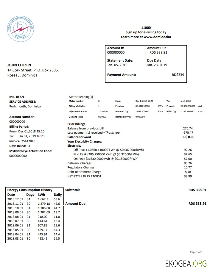 Dominica Electricity Services Limited electricity utility bill template in Word and PDF format